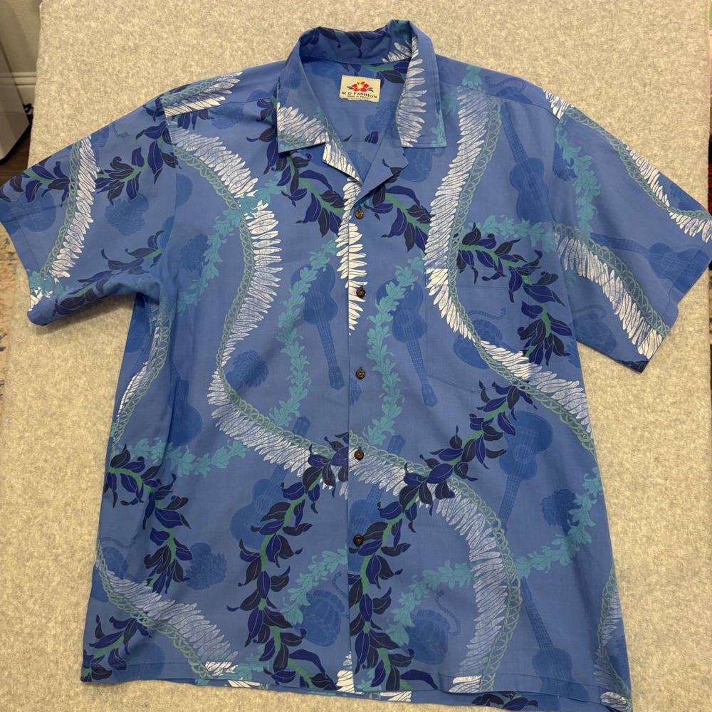 MD Fashion Hawaiian Shirt Mens XL Blue Ukulele Lei Floral Print Made in Hawaii